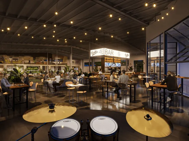 rendering of larks food court with live music stage