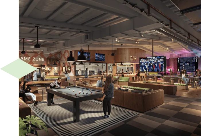 rendering of larks game zone with bar and pool table